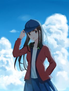 Rule 34 | 1girl, :p, baseball cap, black hair, blue hat, blue skirt, blue sky, brown eyes, closed mouth, cloud, commentary, cowboy shot, day, hand in pocket, hand on headwear, happy, hat, headphones, headphones around neck, highres, jacket, kamen rider, kamen rider ex-aid (series), kirina zero, light particles, long hair, long sleeves, open clothes, open jacket, outdoors, pleated skirt, red jacket, saiba niko, shirt, sidelocks, skirt, sky, smile, solo, straight hair, tareme, tongue, tongue out, very long hair, white shirt
