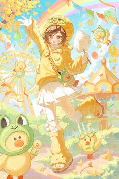 1girl arm_up artist_request bag balloon banner bird blue_sky brown_hair carousel character_bag character_charm charm_(object) chinese_commentary commentary_request commission cotton_candy duck falling_leaves ferris_wheel food frog fuzzy_clothes hand_up hat highres holding holding_cotton_candy holding_food hood hood_down hooded_jacket identity_v jacket knit_hat leaf leg_up leg_warmers line_friends pom_pom_(clothes) pom_pom_hat_ornament puffy_sleeves rainbow second-party_source shirt short_hair sidelocks skirt sky slippers solo standing standing_on_one_leg swept_bangs thighhighs tracy_reznik tracy_reznik_(sally) turtleneck white_shirt white_skirt white_thighhighs yellow_eyes yellow_jacket yellow_leg_warmers yellow_slippers yellow_theme zipper
