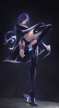 1girl absurdres ass black_background black_boots black_cloak black_shorts boots bound bound_wrists cloak commentary english_commentary from_below frown hair_over_one_eye high_heel_boots high_heels highres knee_up long_hair looking_at_viewer looking_down promeia_(zenless_zone_zero) purple_eyes purple_hair shorts solo standing standing_on_one_leg thigh_boots yu_pian zenless_zone_zero