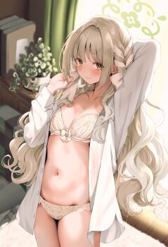 Rule 34 | 1girl, absurdres, blue archive, blush, bow, bra, braid, breasts, cleavage, closed mouth, collarbone, commentary request, curtains, flower halo, from above, green halo, grey hair, hair bow, hair ribbon, halo, highres, indoors, long hair, long sleeves, looking at viewer, miyo (blue archive), narushima kanna, no pants, open clothes, open shirt, panties, plant, potted plant, ribbon, ribbon braid, shirt, standing, thighs, underwear, white bow, white shirt
