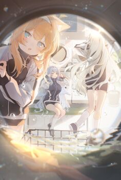 3girls absurdres alternate_costume animal_ear_fluff animal_ears black_jacket black_shoes black_shorts blue_archive blue_eyes blue_hair blue_wings blush cat_ears cat_girl commentary_request double_v feathered_wings green_eyes grey_hair hairband halo highres jacket kneehighs laundromat low_wings mari_(blue_archive) mari_(track)_(blue_archive) mine_(blue_archive) multiple_girls munikomamu official_alternate_costume one_eye_closed open_mouth orange_hair reflection sakurako_(blue_archive) shoes shorts sitting socks standing standing_on_one_leg track_suit v white_hairband white_sleeves white_socks wings yellow_halo