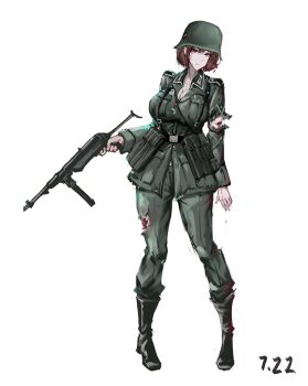 1girl black_boots black_hair blood boots braid breasts brown_hair burety75200 cleavage closed_mouth crying epaulettes full_body grey_jacket grey_pants grey_socks gun hashtag-only_commentary helmet highres holding holding_gun holding_weapon injury jacket kneehighs kneeling large_breasts medium_hair military_jacket military_uniform original pants red_eyes seiza simple_background sitting smile socks solo weapon wehrmacht white_background world_war_ii