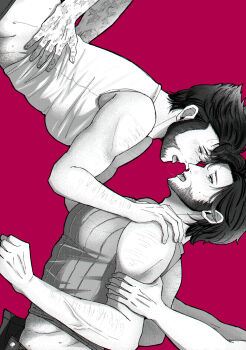 4boys after_kiss animification arm_hair ass beard blush commentary_request deadpool deadpool_&amp;_wolverine deadpool_(series) doghooouse dual_persona eye_contact facial_hair full-face_blush group_sex hand_on_another's_shoulder highres holding_another's_arm implied_sex large_pectorals looking_at_another male_focus marvel marvel monochrome multiple_boys muscular muscular_male open_fly pants pectorals saliva saliva_trail scar scars_all_over selfcest sex sex_from_behind short_hair sideways sweat sweatdrop tank_top tongue tongue_out too_many veins veiny_arms wolverine_(x-men) x-men x-men_film_series x-men_origins:_wolverine yaoi