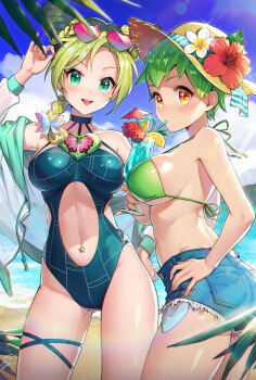 2girls adapted_costume anzumame beach bikini bikini_top_only black_hair blonde_hair blue_sky blush braid braided_ponytail breasts clothing_cutout cloud cloudy_sky commentary_request cone_hair_bun cowboy_shot crazy_straw cup cutoffs day denim denim_shorts double_bun drawstring drink drinking_straw eyewear_on_head foo_fighters_(jojo) food fruit green_bikini green_eyes green_hair green_nails hair_bun hand_on_own_hip hat heart heart-shaped_eyewear heart_straw highres holding holding_cup jacket jojo_no_kimyou_na_bouken kuujou_jolyne large_breasts long_hair looking_at_viewer multicolored_hair multiple_girls nail_polish navel navel_cutout navel_piercing off_shoulder one-piece_swimsuit open_mouth orange_(fruit) orange_eyes orange_slice outdoors photoshop_(medium) piercing pink-tinted_eyewear pink_nails revision see-through_clothes see-through_jacket short_hair short_shorts shorts sideboob signature sky smile star_(symbol) stone_ocean straw_hat swimsuit tinted_eyewear two-tone_hair zipper