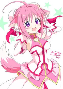 Rule 34 | 1girl, :d, ahoge, animal ears, blush, breasts, commission, dog days, dog ears, dog girl, dog tail, gloves, hair bun, highres, kamuraaa 615, looking at viewer, medium breasts, millhiore f. biscotti, open mouth, pink hair, purple eyes, short hair, signature, single hair bun, skeb commission, skirt, smile, solo, star (symbol), star symbol background, tail, white background, white gloves, white skirt
