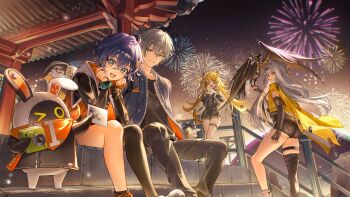 Rule 34 | + +, 2boys, 3girls, absurdres, animal ears, asymmetrical gloves, asymmetrical legwear, bangboo (zenless zone zero), belle (zenless zone zero), bird, bird on hand, black gloves, black thighhighs, blonde hair, blue hair, crossed bangs, elbow gloves, eous (zenless zone zero), fingerless gloves, fireworks, gloves, green eyes, grey hair, hair between eyes, hair ornament, highres, hood, hood down, hooded jacket, jacket, ju fufu, letter hair ornament, long hair, long sleeves, looking at viewer, mismatched legwear, multiple boys, multiple girls, night, open clothes, open jacket, open mouth, orange gloves, pan yinhu, rity, second-party source, short hair, single thighhigh, sitting, smile, socks, standing, thigh strap, thighhighs, tiger ears, tiger girl, uneven gloves, uneven legwear, wise (zenless zone zero), yixuan (zenless zone zero), zenless zone zero