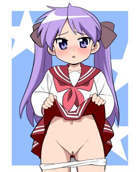 1girl blue_background blush brown_ribbon clothes_lift collarbone embarrassed hair_ribbon highres hiiragi_kagami loli long_hair long_sleeves looking_at_viewer lucky_star navel neckerchief open_mouth panties panty_pull presenting presenting_pussy purple_eyes purple_hair pussy red_neckerchief red_skirt ribbon school_uniform shirt skirt skirt_lift standing star_(symbol) star_symbol_background twintails underwear white_panties white_shirt yume_yoroi