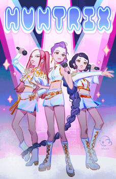 3girls black_hair blunt_bangs boots brown_eyes commentary cropped_jacket double_bun earrings english_commentary full_body group_name hair_bun hand_on_own_hip highres holding holding_microphone jacket jewelry klaeia kpop_demon_hunters microphone mira_(kpop_demon_hunters) multiple_girls music outstretched_arm pink_hair purple_hair rumi_(kpop_demon_hunters) sidelocks singing skirt sleeveless sleeveless_turtleneck smile sparkle spotlight turtleneck twintails white_boots white_jacket white_skirt zoey_(kpop_demon_hunters)