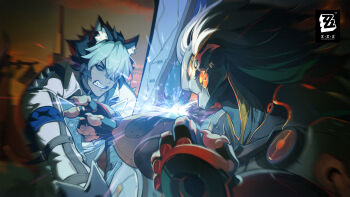 2boys absurdres animal_ear_fluff animal_ears artificial_eye bandaged_arm bandages banyue_(zenless_zone_zero) black_hair black_sclera blue_eyes blurry blurry_background clenched_teeth collar colored_sclera copyright_logo copyright_name crossed_bangs dog_boy dog_ears fighting glowing glowing_eyes grey_hair hair_between_eyes hair_over_one_eye highres holding holding_sword holding_weapon humanoid_robot jacket komano_manato komano_manato_(white_heart_silhouette) logo long_hair looking_at_another male_focus mechanical_eye mechanical_hands motion_blur multicolored_hair multiple_boys muscular muscular_male official_art outdoors robot robot_boy short_hair sparks spiked_jacket sword teeth v-shaped_eyebrows weapon white_hair white_jacket zenless_zone_zero