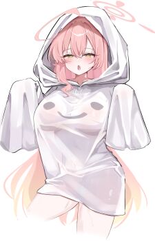 1girl absurdres ahoge blue_archive blush breasts commentary drooling ghost_costume green_eyes halo hanako_(blue_archive) heart heart_in_eye highres hood hoodie large_breasts long_hair long_sleeves looking_at_viewer mouth_drool open_mouth pink_hair pink_halo saliva see-through_silhouette simple_background sleeves_past_fingers sleeves_past_wrists solo symbol_in_eye thighs white_background white_hood white_hoodie yhs040626
