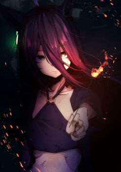 1girl absurdres ahoge animal_ears black_hair black_shirt closed_mouth collarbone crop_top ear_tag fireworks gorioshi0802 hair_between_eyes hand_up highres holding holding_fireworks horse_ears horse_girl long_hair_between_eyes looking_at_viewer manhattan_cafe_(umamusume) multicolored_hair shirt short_sleeves smile solo sparkler umamusume white_hair yellow_eyes