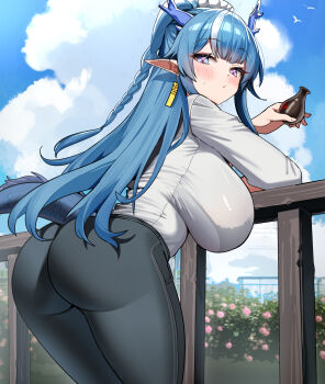 1girl absurdres against_railing arknights arm_rest ass black_pants blue_eyes blue_hair blue_sky blush bra_visible_through_clothes braid breasts bush closed_mouth cloud commentary day dishui_tangni dragon_girl dragon_horns dragon_tail flower from_behind from_side hand_up highres holding horns large_breasts ling_(arknights) long_hair long_sleeves looking_at_viewer looking_back multicolored_hair outdoors pants pink_flower pointy_ears ponytail railing shirt shirt_tucked_in sky solo standing streaked_hair tail turning_head very_long_hair white_shirt white_streaks wooden_railing