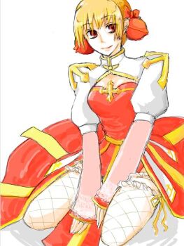 1girl arch_bishop_(ragnarok_online) blonde_hair bow breasts cleavage_cutout closed_mouth clothing_cutout commentary_request cross dress fishnet_thighhighs fishnets frilled_thighhighs frills full_body hair_bow juliet_sleeves long_sleeves looking_at_viewer make_adog medium_breasts puffy_sleeves ragnarok_online red_bow red_dress red_eyes sash seiza short_hair simple_background sitting smile solo thighhighs two-tone_dress white_background white_dress white_thighhighs yellow_sash