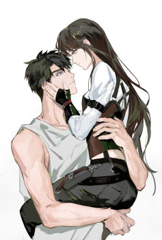 arm_around_back awkwardtomato bare_shoulders black_hair black_pants breasts brown_hair caleb_(love_and_deepspace) closed_mouth corset couple grey_tank_top hair_between_eyes hand_on_another&#039;s_cheek hand_on_another&#039;s_face hetero highres long_hair looking_at_another love_and_deepspace medium_breasts pants protagonist_(love_and_deepspace) red_corset shirt short_hair tank_top upper_body white_background white_shirt