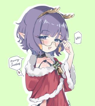 1girl alternate_costume antlers bare_shoulders bell blush cattocut choker christmas commentary dress english_commentary english_text glasses green_background highres hololive hololive_english horns looking_at_viewer mole mole_under_eye ninomae_ina'nis open_mouth pointy_ears purple_eyes purple_hair red_dress reindeer_antlers santa_costume santa_dress smile solo speech_bubble tentacle_hair virtual_youtuber