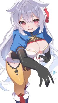 1girl black_gloves blue_boots blue_shrug boots breasts cleavage commentary elbow_gloves esu_3101 flower fur-trimmed_boots fur-trimmed_leotard fur_trim fuyuka_(stella_sora) gloves hair_flaps hair_flower hair_ornament highres large_breasts leotard long_hair nervous pom_pom_(clothes) shrug_(clothing) simple_background snowflake_brooch solo standing stella_sora sweat very_long_hair white_background white_hair white_leotard yellow_leggings