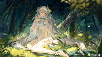 1girl analogous_colors armlet barefoot bird breasts feet flower forest full_body grass hair_flower hair_ornament hand_up highres jewelry kuuus lamia:_lost_lullaby_(pgr) lamia:_lost_lullaby_(solitary_longings)_(pgr) lamia_(pgr) leaf leaf_hair_ornament legs logo long_hair nature official_alternate_costume official_art outdoors pointy_ears punishing:_gray_raven sitting solo toes tree watermark weibo_username weibo_watermark white_hair