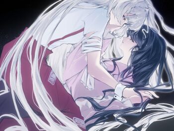 2girls alulue1 black_background black_hair commentary eye_contact fujiwara_no_mokou hand_on_another&#039;s_face hashtag-only_commentary highres holding_hands houraisan_kaguya long_hair looking_at_another multiple_girls pants parted_lips pink_shirt red_pants shirt smile straddling suspenders touhou white_hair white_shirt wrist_cuffs yuri