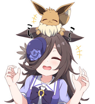 1girl ^_^ animal_ears brown_hair closed_eyes commentary_request crossover eevee gen_1_pokemon hat hiro_(pqtks113) horse_ears horse_girl long_hair nintendo open_mouth pokemon pokemon_(creature) purple_hat rice_shower_(umamusume) school_uniform short_sleeves simple_background smile sound_effects summer_uniform tilted_headwear tracen_school_uniform umamusume upper_body wavy_mouth white_background