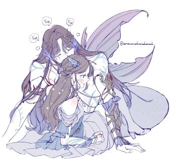 1boy 1girl bare_shoulders blush body_markings bridal_gauntlets closed_eyes couple fins fish_tail full_body hair_between_eyes hetero highres kissing_hair long_hair love_and_deepspace merman mmmuimuimui monster_boy official_alternate_costume official_alternate_hairstyle parted_bangs parted_lips protagonist_(love_and_deepspace) rafayel_(love_and_deepspace) sweatdrop tail topless_male twitter_username vambraces white_background