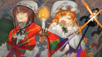 1boy 1girl ;o abdomen_tail alternate_costume ascot bags_under_eyes beard_stubble bell blanket bow bowtie brown_eyes brown_hair candle candlestand candy candy_cane chest_bow christmas christmas_nightmare_(e.g.o) clenched_teeth coat collared_dress dress e.g.o_(project_moon) facial_hair fire food freckles frilled_sleeves frills fur-trimmed_shawl fur_collar fur_trim glint green_bow green_ribbon green_shawl green_tail gregor_(project_moon) hair_between_eyes half-closed_eyes hamelon310 hand_up hands_up hat head_tilt highres holding holding_candle holding_candlestand holding_lantern indoors ishmael_(project_moon) lantern limbus_company long_hair long_sleeves looking_at_viewer looking_down looking_to_the_side mob_cap neck_ribbon nightcap official_alternate_costume one_eye_closed open_mouth orange_eyes orange_hair pajamas parted_lips plaid_blanket plaid_bow plaid_clothes plaid_shawl project_moon red_bow red_coat red_ribbon red_shawl ribbon ribbon-trimmed_hat shawl sidelocks sleepy striped_bow striped_bowtie striped_clothes striped_shawl stubble tail tearing_up teeth two-tone_ribbon two-tone_shawl upper_body very_long_hair white_ascot white_dress white_hat white_pajamas wince yawning