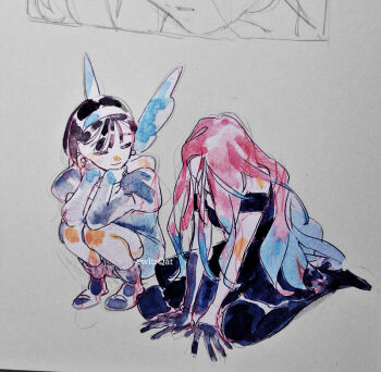 Rule 34 | 2girls, alien stage, asymmetrical gloves, black boots, black dress, black gloves, black hair, blue hair, boots, closed eyes, commentary, dress, earrings, ewltrqat, gloves, grey boots, grey dress, jewelry, long hair, mizi (alien stage), multicolored hair, multiple girls, pink hair, short hair, squatting, sua (alien stage), thigh boots, traditional media, two-tone hair, uneven gloves, very long hair, white wings, wings