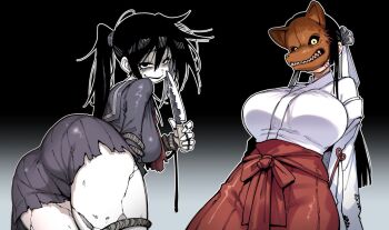 Rule 34 | 2girls, ass, ass focus, ayakakashi, black hair, breasts, cowboy shot, creepy, creepy eyes, creepy smile, doll, doll joints, fox maiden (silent hill), fox mask, gluteal fold, holding, holding knife, holding weapon, huge breasts, japanese clothes, joints, karasu raven, kimono, knife, long hair, long skirt, long sleeves, looking at viewer, mask, masked, masked famale, miko, monster, monster girl, multiple girls, ponytail, red skirt, sailor collar, school uniform, silent hill, silent hill (series), silent hill f, skirt, smile, smirk, teeth, turning around, weapon, white kimono