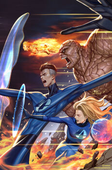 1girl 3boys artist_name ben_grimm blonde_hair blue_bodysuit bodysuit brown_hair fantastic_four fire highres human_torch in-hyuk_lee instagram_logo instagram_username johnny_storm long_hair marvel multiple_boys open_mouth reed_richards sue_storm superhero_costume teeth