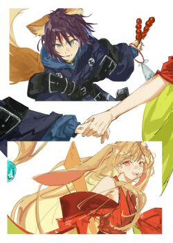 2girls animal_ears blonde_hair chou_kaguya-hime! fox_ears fox_tail green_eyes hand_grab hashtag-only_commentary highres long_hair multiple_girls open_mouth orange_eyes purple_hair rabbit_ears sanguinegaze short_hair smile tail white_background yuri