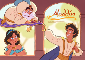 1girl 2boys aladdin_(disney) aladdin_(movie) arabian_clothes bare_shoulders beard black_hair blonde_hair breasts brown_eyes cleavage commentary_request copyright_name dark-skinned_female dark_skin earrings facial_hair highres jasmine_(disney) jewelry logo long_hair looking_at_another looking_at_viewer midriff multiple_boys necklace pants shirt short_hair smile takatmaorange the_sultan_(disney)