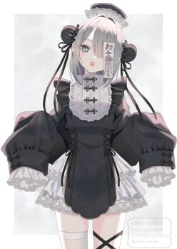 1girl absurdres black_hat blonde_hair blue_eyes border bun_cover cowboy_shot double_bun fangs frilled_skirt frills hair_bun hair_over_one_eye hat highres looking_at_viewer ofuda open_mouth original paruno single_thighhigh skirt sleeves_past_fingers sleeves_past_wrists solo thighhighs twitter_username watermark white_border white_skirt white_thighhighs
