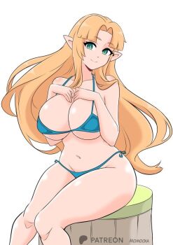 1girl bikini blonde_hair blue_bikini breasts cleavage collarbone green_eyes hands_on_own_chest large_breasts long_hair looking_at_viewer momocka-art navel nintendo pointy_ears princess_zelda side-tie_bikini_bottom sitting smile swimsuit the_legend_of_zelda the_legend_of_zelda:_a_link_between_worlds the_legend_of_zelda:_a_link_to_the_past underboob white_background
