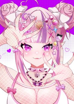 1girl absurdres ahoge bandaid bandaid_hair_ornament bead_necklace beads bell blush bone_hair_ornament bow bra breasts candy_hair_ornament choker clip_studio_paint_(medium) commentary crescent crescent_hair_ornament dated double_bun fang fingernails fishnet_top fishnets food-themed_hair_ornament ginpe_souda hair_bow hair_bun hair_ornament hands_up heart heart_ahoge heart_collar heart_hair_ornament heart_in_eye highres ironmouse jewelry jingle_bell large_breasts lollipop_hair_ornament long_fingernails looking_at_viewer multicolored_hair nail_polish neck_bell necklace parted_lips pink_background pink_bow pink_bra pink_choker pink_eyes pink_hair pink_nails pointy_ears polka_dot polka_dot_background purple_hair skin_fang skull_hair_ornament smile solo spiked_choker spikes star_(symbol) star_hair_ornament strawberry_hair_ornament streaked_hair symbol_in_eye two-tone_background two-tone_bra two-tone_hair underwear virtual_youtuber vshojo white_background white_bow white_bra wing_collar