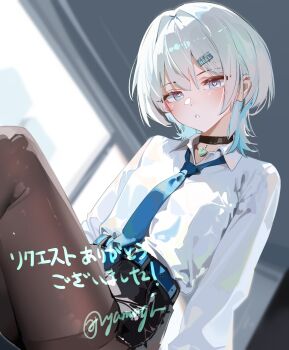 1girl absurdres belt black_choker black_shorts blue_belt blue_eyes blue_necktie blush breasts brown_pantyhose character_request choker collared_shirt commentary_request commission copyright_request grey_hair hair_between_eyes hair_ornament heart heart-shaped_pupils heart_pendant highres long_sleeves looking_at_viewer necktie pantyhose pantyhose_under_shorts parted_lips shirt shorts sitting skeb_commission small_breasts solo symbol-shaped_pupils white_shirt yoojp