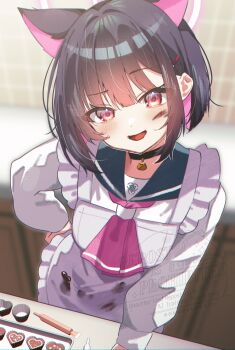 Rule 34 | 1girl, absurdres, apron, black choker, black hair, blue archive, blush, candy, cat choker, chocolate, chocolate heart, choker, colored inner animal ears, colored inner hair, commentary request, extra ears, food, food on face, green sailor collar, halo, heart, heart-shaped food, highres, kazama gorou, kazusa (blue archive), looking at viewer, multicolored hair, neckerchief, open mouth, pink hair, pink halo, pink neckerchief, sailor collar, shirt, short hair, solo, stained clothes, two-tone hair, white apron, white shirt