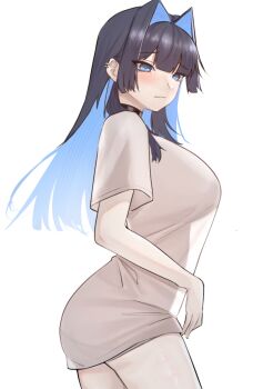 1girl bare_arms black_hair blue_eyes blue_hair blush breasts colored_inner_hair commentary cowboy_shot ear_piercing hair_intakes hashtag-only_commentary highres hololive hololive_english large_breasts long_hair multicolored_hair no_pants nurizza_ilst ouro_kronii piercing see-through_clothes see-through_shirt see-through_silhouette shirt simple_background solo t-shirt two-tone_hair virtual_youtuber wavy_mouth white_background white_shirt