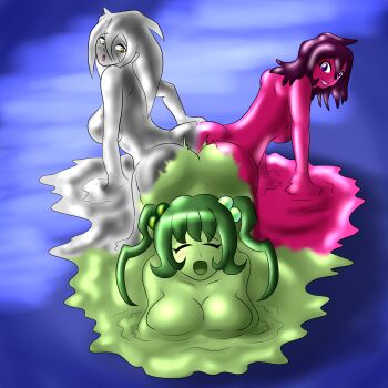 3girls absurdres ass ass-to-ass borrowed_character breasts cleavage closed_eyes colored_skin doodledowd dulee_(doodledowd) green_hair green_skin highres katie_(spacecrater) large_breasts madison_(idolmonkeh) merging_bodies monster_girl multiple_girls open_mouth pink_hair pink_skin silver_hair silver_skin slime_girl yuri