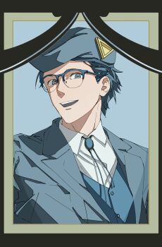 Rule 34 | 1boy, absurdres, black border, blue eyes, blue hair, blue hat, blue jacket, border, brooch, collared shirt, commentary request, glasses, hat, highres, iei, jacket, jewelry, kisaragi tsutomu, looking at viewer, male focus, open mouth, picture frame, shikishima (3jikaika), shirt, short hair, smile, solo, spoilers, toshi densetsu kaitai center, upper body, vest, white shirt