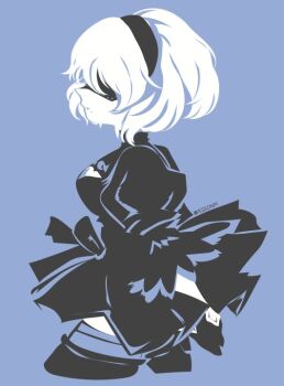 1girl 2b_(nier:automata) arms_behind_back artist_name black_dress black_hairband blindfold blue_background dress flat_color from_side hairband limited_palette nier:automata nier_(series) rizu_(rizunm) short_hair solo white_hair