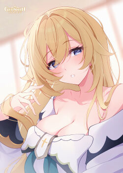 1girl absurdres alternate_hairstyle barbara_(genshin_impact) blonde_hair blue_eyes blush breasts dress genshin_impact hair_down highres long_hair long_sleeves medium_breasts midori_(midori13579) solo white_dress