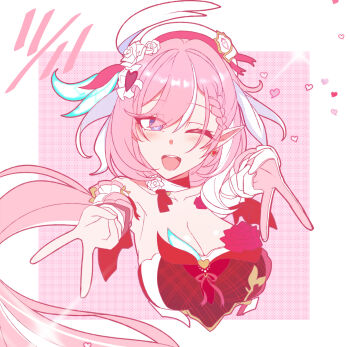 1girl ;o beret border breasts cleavage cropped_torso diamond-shaped_pupils diamond_(shape) earrings elf elysia_(hi_love_elf)_(honkai_impact) elysia_(honkai_impact) gloves hashtag-only_commentary hat heart heart_earrings highres honkai_(series) honkai_impact_3rd inward_v jewelry large_breasts long_hair looking_at_viewer multicolored_hair nabeiro_kin one_eye_closed pink_background pink_hair pointy_ears purple_eyes single_glove smile solo symbol-shaped_pupils two-tone_hair v very_long_hair white_border white_gloves white_hair