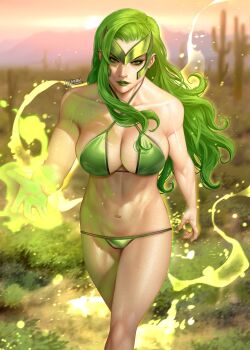 bikini breasts green_eyes green_hair green_lips highres large_breasts long_hair looking_at_viewer marvel muscular muscular_female navel polaris_(x-men) solo swimsuit the_c0rner x-men