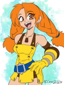 1girl aika_(eternal_arcadia) armband belt braid earrings eternal_arcadia gloves highres jewelry orange_hair rcasedrawsstuff sega shorts twin_braids