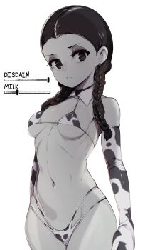 1girl absurdres the_addams_family angry animal_print animification arms_at_sides attribute_slider bare_shoulders bikini braid breast_slider breasts check_copyright closed_mouth copyright_request cow_print cowboy_shot curvy detached_collar earrings elbow_gloves gameplay_mechanics gloves hair_over_shoulder highres jewelry linea_alba long_hair looking_at_viewer medium_breasts monochrome navel non-web_source paid_reward_available petite simple_background slider slugbox solo string_bikini stud_earrings swimsuit thick_thighs thighs thong thong_bikini transformation twin_braids very_long_hair wednesday_addams white_background wide_hips wing_collar