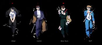 4boys absurdres arm_at_side bandaged_arm bandages bandaid bandaid_on_arm bandaid_on_cheek bandaid_on_chin bandaid_on_clothes bandaid_on_face bandaid_on_finger bandaid_on_hand banknote baseball_bat belt black_background black_belt black_eyes black_hair black_jacket black_pants black_shoes blonde_hair blood blood_from_mouth blood_on_cheek blood_on_clothes blood_on_face blood_on_hands blood_on_shoes bloody_weapon blue_jacket blue_pants broken_heart brown_coat brown_hair buttons cigarette clenched_hand clenched_teeth closed_mouth coat column_lineup commentary_request crew_neck crying dropping english_text full_body fur-trimmed_coat fur_trim furrowed_brow gauze gauze_on_cheek gauze_on_chin gauze_on_clothes gauze_on_face gauze_on_forehead gauze_on_hand green_eyes green_jacket green_pants grey_shoes hand_in_pocket hand_up head_tilt heart heterochromia highres holding holding_lead_pipe holding_paper jacket jacket_on_head kasai_(rokudenashi_blues) lapels lead_pipe looking_at_viewer maeda_taison male_focus metal_baseball_bat midair money multiple_boys nosebleed off_shoulder onizuka_(rokudenashi_blues) open_clothes open_collar open_jacket open_mouth own_hands_together pants paper partial_commentary pompadour red_eyes rokudenashi_blues ruchi_(nxje5533) sanpaku school_uniform shaded_face shirt shoes short_hair short_sleeves simple_background skeleton smoke straight-on sweat tears teeth thick_eyebrows too_many_bandaids v_arms very_short_hair walking weapon weapon_on_back white_shirt wide-eyed yakushiji_(rokudenashi_blues)