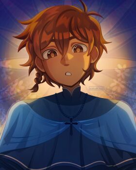 1boy alternate_costume alternate_eye_color alternate_hairstyle alternate_universe antenna_hair artist_name braid brown_eyes brown_hair commentary cross cross_necklace dark-skinned_male dark_skin double-parted_bangs english_commentary hair_between_eyes hero_(faraway)_(omori) hero_(omori) highres jewelry looking_at_viewer male_focus necklace omori parted_lips short_hair single_braid solo upper_body zoewillowz