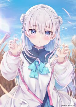 1girl :o absurdres anemoi blue_bow blue_eyes blue_hair blue_sky blush bow claw_pose cloud commentary_request copyright_notice day double_bun dress grey_hair hair_between_eyes hair_bun hands_up highres long_hair long_sleeves looking_at_viewer maruma_(maruma_gic) multicolored_hair outdoors parted_lips puffy_long_sleeves puffy_sleeves second-party_source sky solo tsujikura_spica two-tone_hair very_long_hair wheat_field white_dress