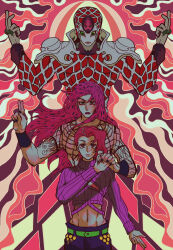 Rule 34 | 1other, 2boys, absurdres, arm tattoo, black nails, cleavage cutout, clothing cutout, crop top, diavolo, dual persona, freckles, green eyes, hand up, hands up, highres, holding hands, jojo no kimyou na bouken, king crimson (stand), lace shirt, long hair, male focus, midriff, multiple boys, pink background, pink eyes, pink hair, polka dot hair, stand (jojo), swampland, sweater, tattoo, vento aureo, vinegar doppio, wristband