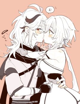 1boy 1girl bandaged_hand bandages blush breasts commentary_request crossed_bangs detached_sleeves dress fingerless_gloves from_side genshin_impact gloves hair_between_eyes hair_down hand_on_another's_waist hetero highres imminent_kiss japanese_clothes kaedehara_kazuha lumine_(genshin_impact) medium_breasts monochrome multicolored_hair profile red_eyes signature simple_background sleeveless sleeveless_dress speech_bubble spot_color streaked_hair sumika_nl sweat translation_request yellow_eyes