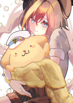 Rule 34 | 1girl, :3, alternate costume, animal ears, beret, blouse, blue eyes, blush, brown hair, brown shirt, brown shorts, cardigan, cheval grand (umamusume), commentary request, crossover, dog ears, hair between eyes, hat, headwear switch, highres, horse ears, horse girl, horse tail, knit cardigan, looking at viewer, multicolored hair, open cardigan, open clothes, peaked cap, pompompurin, puffy short sleeves, puffy sleeves, sanrio, serina (skipadd), shirt, short sleeves, shorts, simple background, smile, solo, streaked hair, striped clothes, striped shorts, tail, umamusume, white background, white hair, yellow cardigan